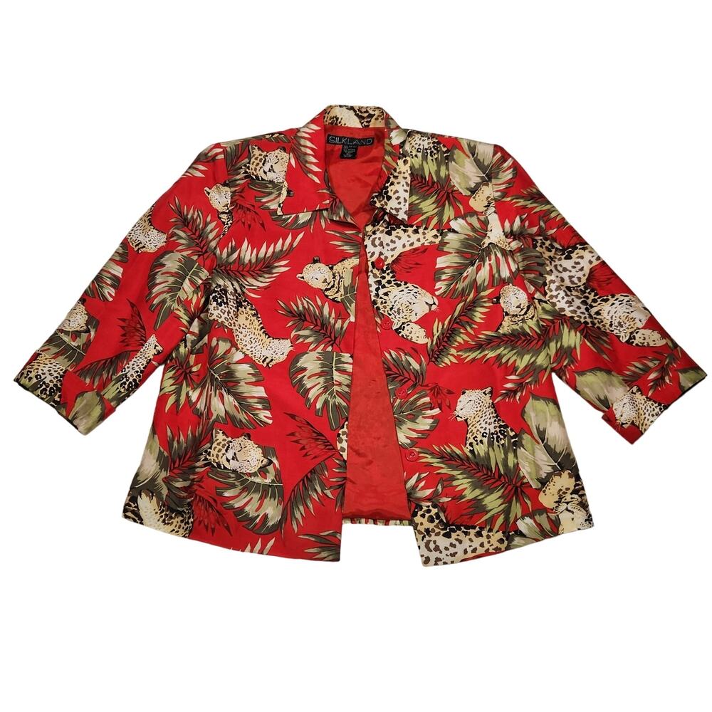 VTG Silk Jacket Womens L Red Jungle Cheetah 3/4 Sleeve Artsy‎ Bold Tropical Wild